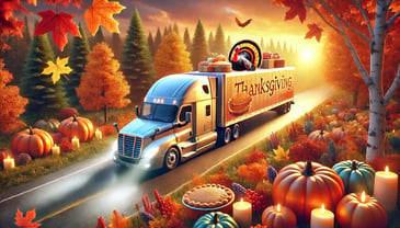 Thanksgiving-themed logistics concept featuring a semi-truck driving through a scenic autumn landscape with colorful fall trees. The truck's trailer is decorated with pumpkins, turkeys, and pies, symbolizing the delivery of holiday essentials. A warm sunset in the background adds a festive and cozy atmosphere.